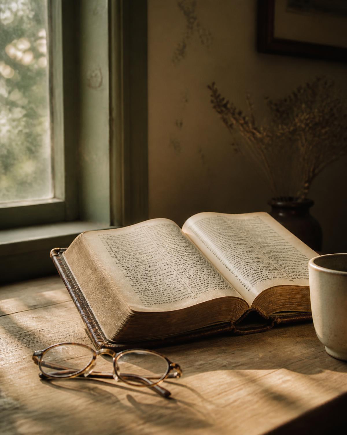 An open Bible and reading glasses on a wooden desk in morning light